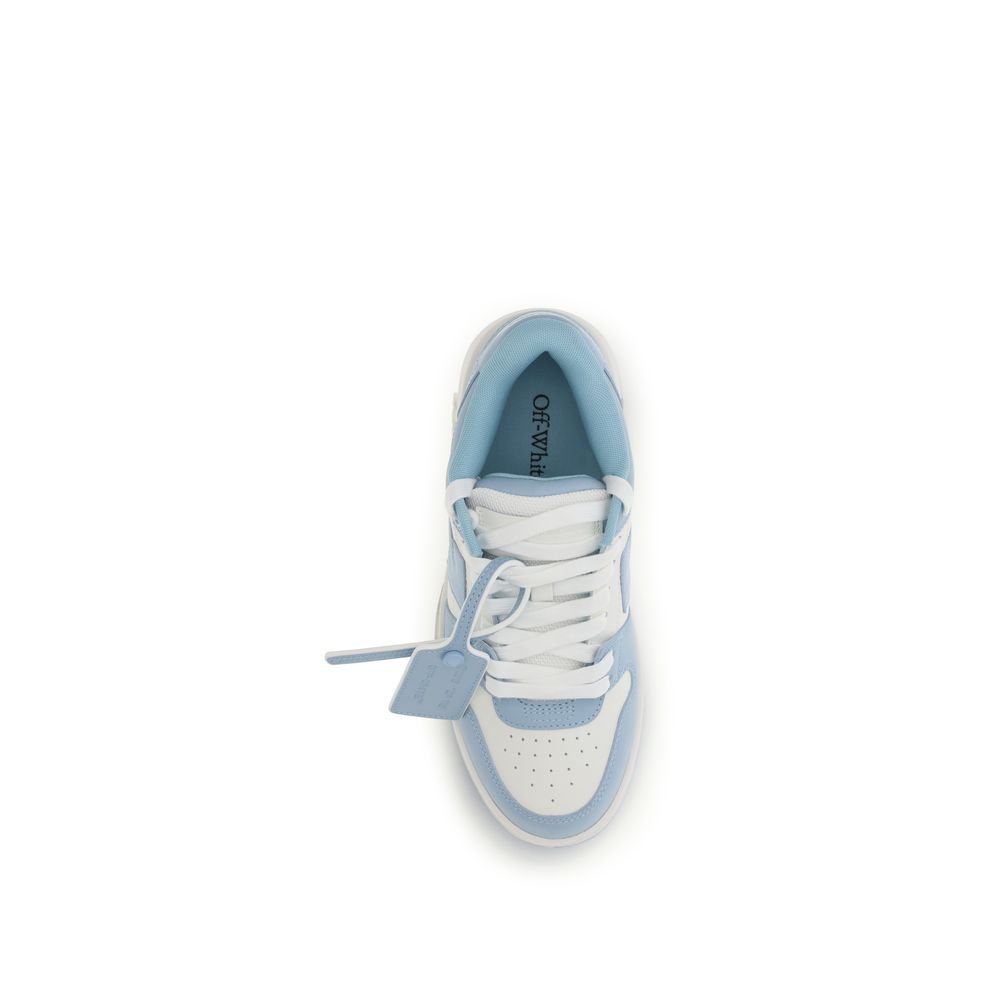 Top-down view of a light blue and white leather Off-White sneaker with white laces and an attached blue brand tag.