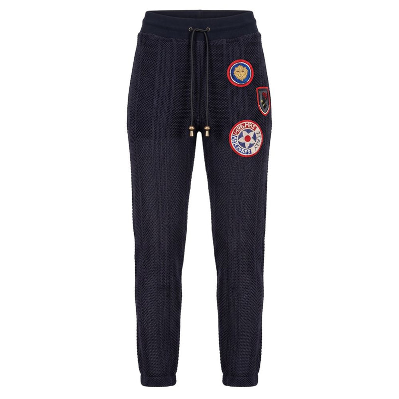 Dark blue knit women's sweatpants with a drawstring waist and colorful decorative patches
