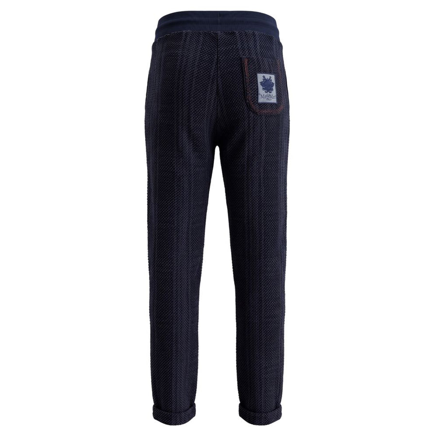 Dark blue knit women's sweatpants with a drawstring waist and colorful decorative patches