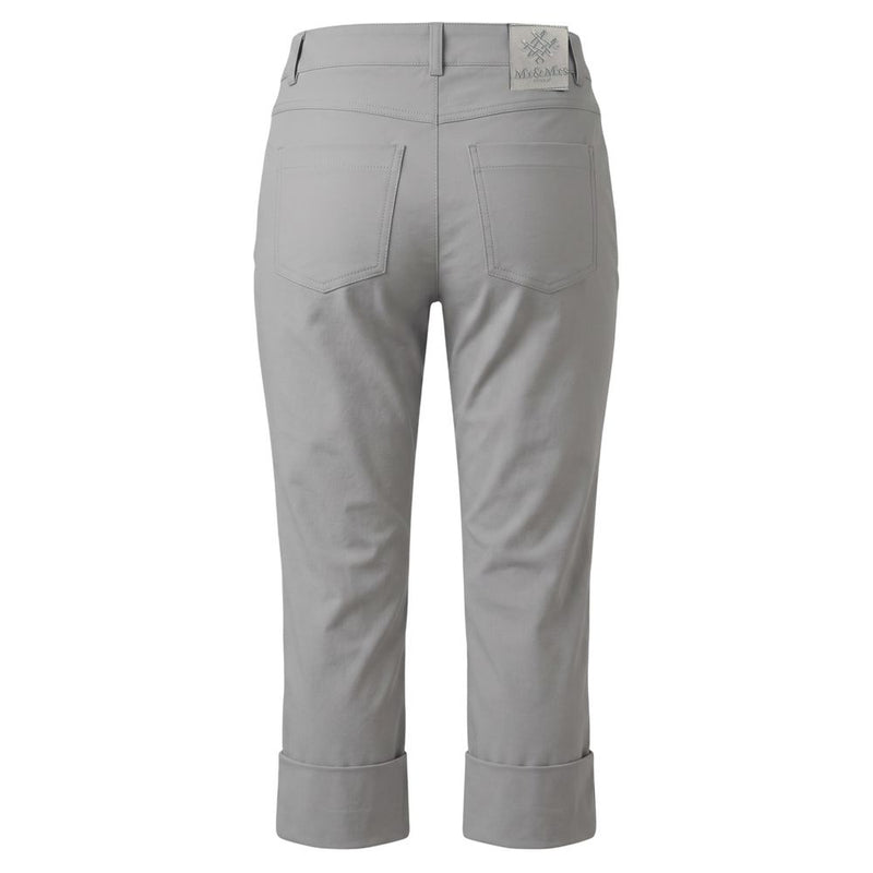 Grey cotton women pants with cuffed hems and rear pockets shown from the back