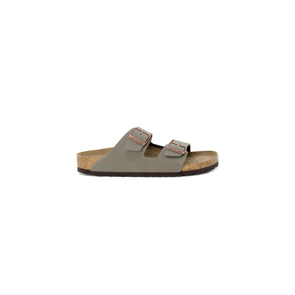 Olive green Birkenstock Arizona sandal with two adjustable copper-tone metal buckles and a cork-latex footbed.