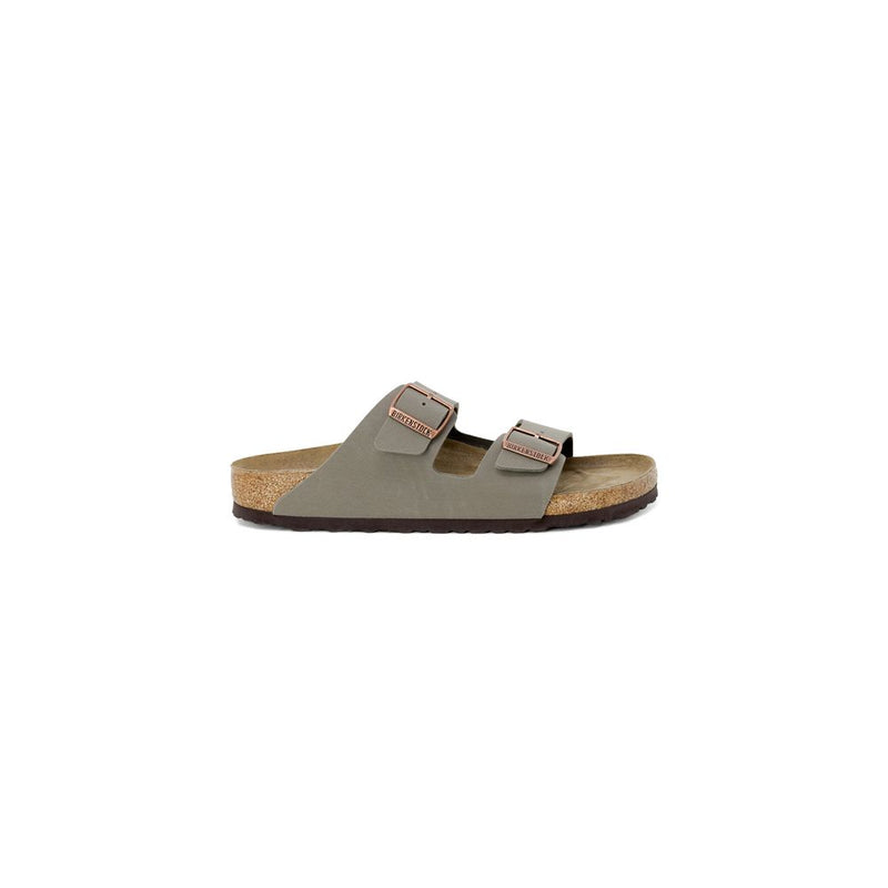 Olive green Birkenstock Arizona sandal with two adjustable copper-tone metal buckles and a cork-latex footbed.