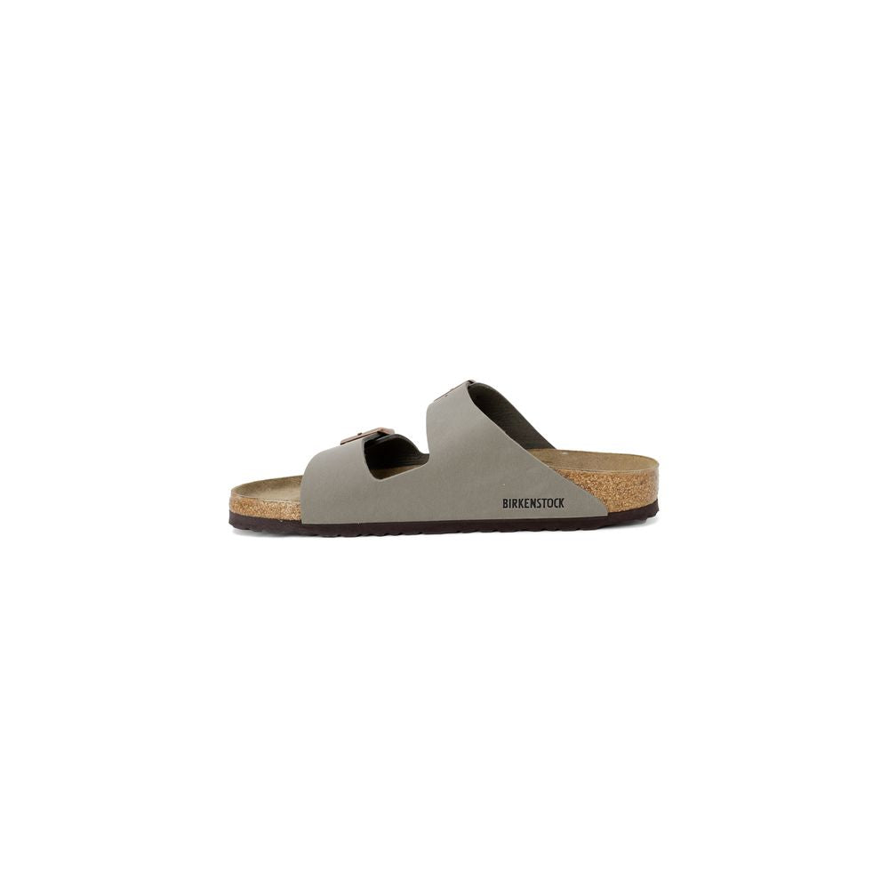 Side view of a grey Birkenstock Arizona sandal with a cork footbed and dark brown sole on a white background.