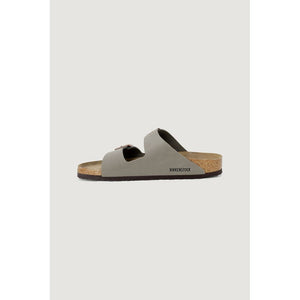 Taupe Birkenstock Arizona slide sandal with two straps, bronze buckle, and cork footbed.