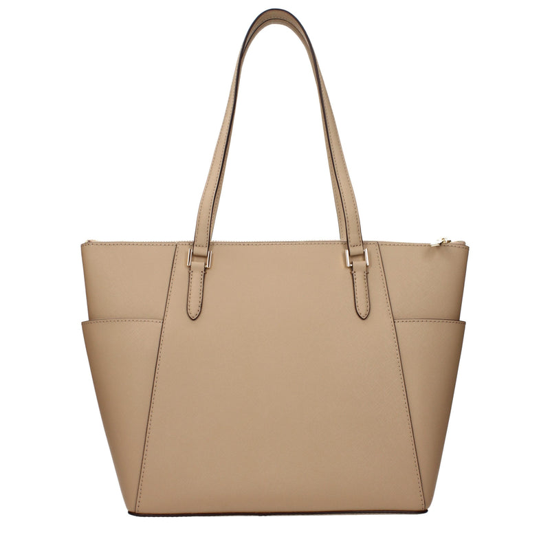Beige leather shoulder bag with structured tote design and thin straps