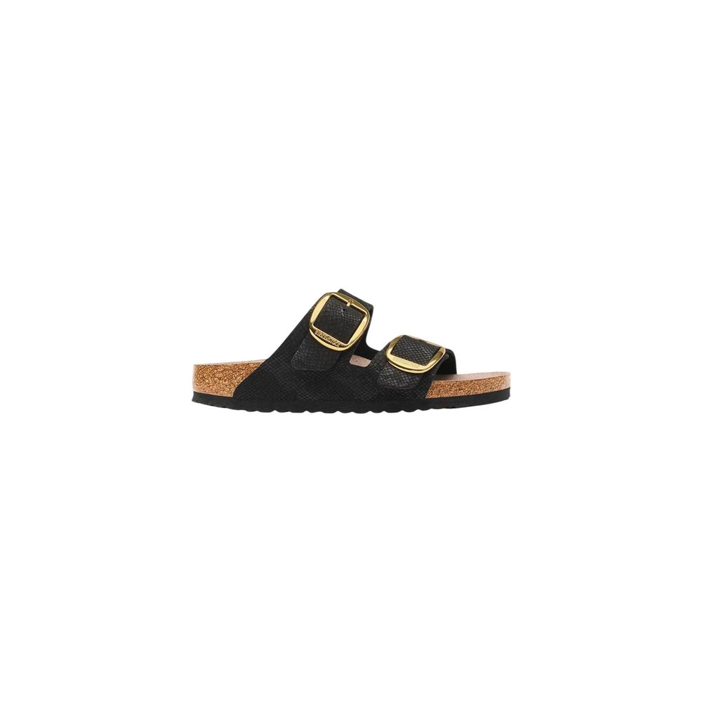 Black textured leather slide sandal with two straps, gold-tone buckles, and a contoured cork footbed.