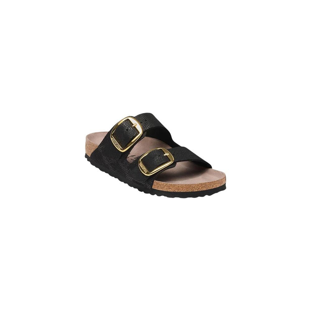 Black Birkenstock sandal with snake-embossed straps and large, gold-toned metal buckles on a cork footbed.