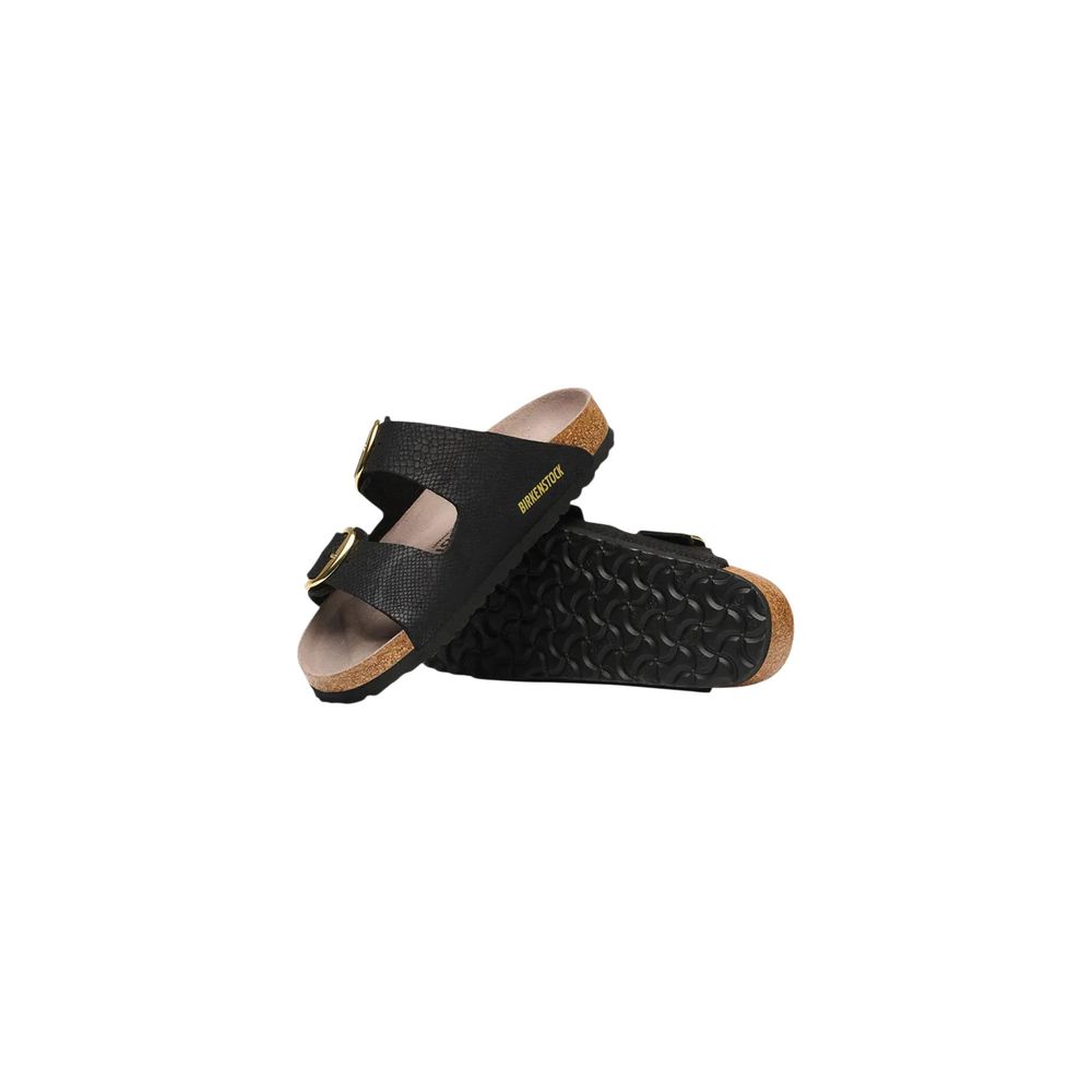 Black snakeskin-textured Birkenstock slide sandals with cork footbeds and gold buckles.