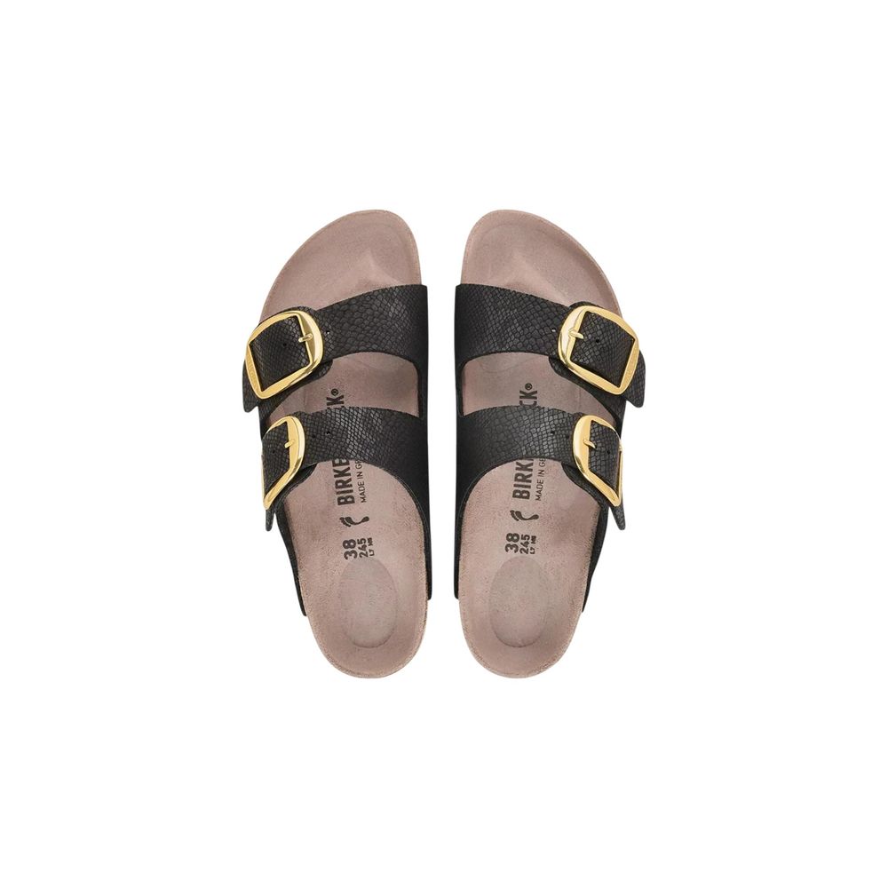 Black embossed leather Birkenstock sandals with two gold-tone oversized buckles and contoured footbeds.