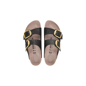 Black embossed leather Birkenstock sandals with two gold-tone oversized buckles and contoured footbeds.