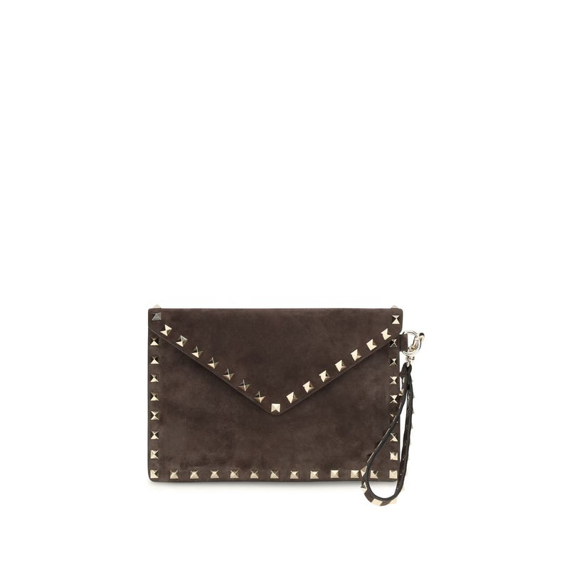 Brown suede leather envelope clutch bag with studs and a wrist strap