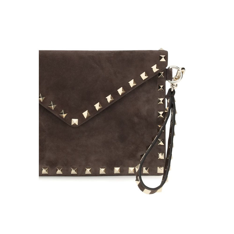 Brown suede leather clutch bag with gold studs and wrist strap
