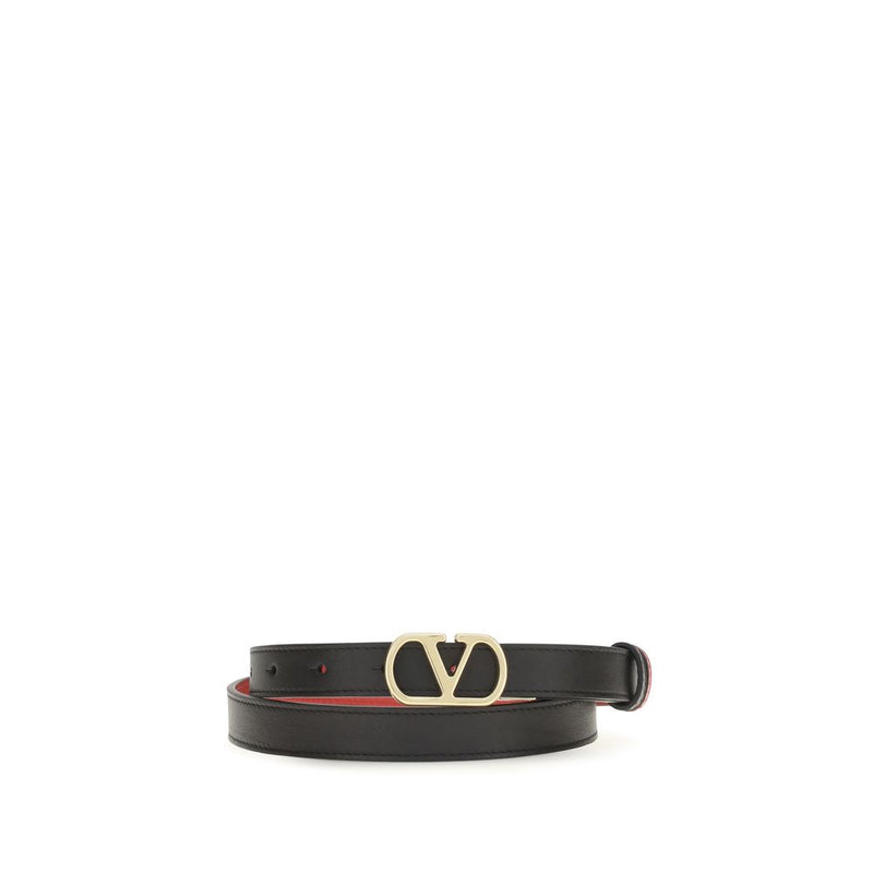 Black leather regular belt with a gold V logo buckle and red lining