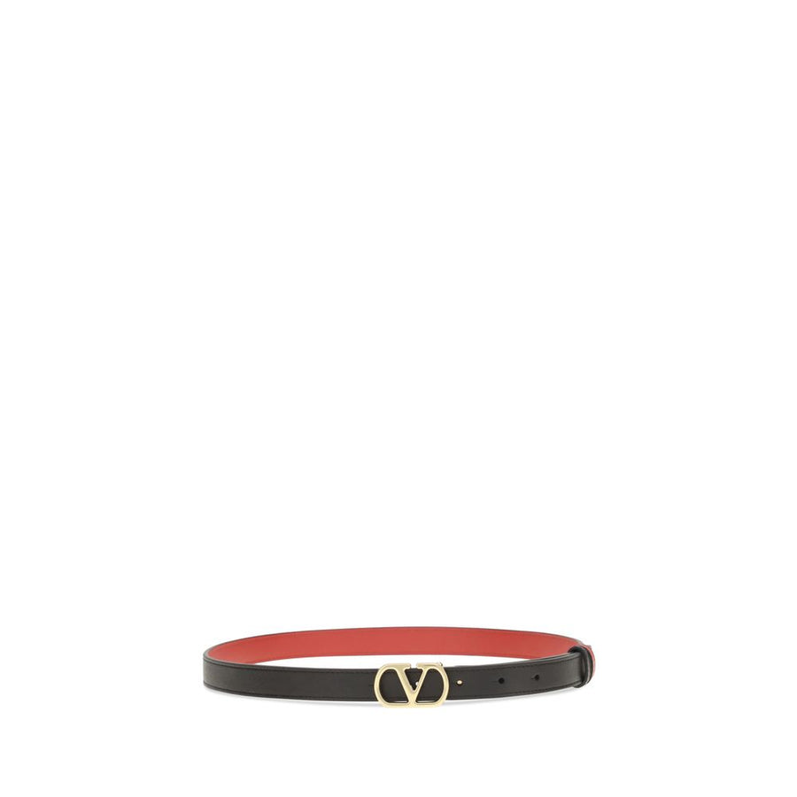 Black leather regular belt with a gold V logo buckle and red lining