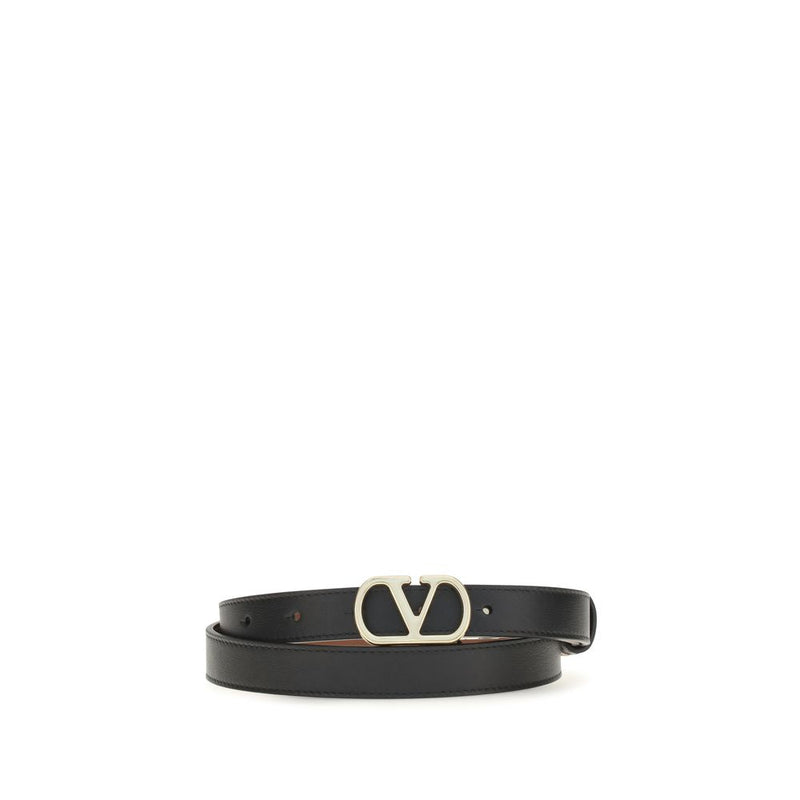 Black leather belt with a gold V logo buckle