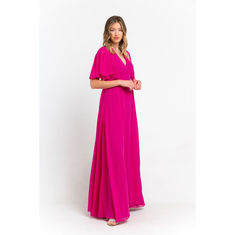 Bright pink polyester maxi dress with v-neck and short flared sleeves