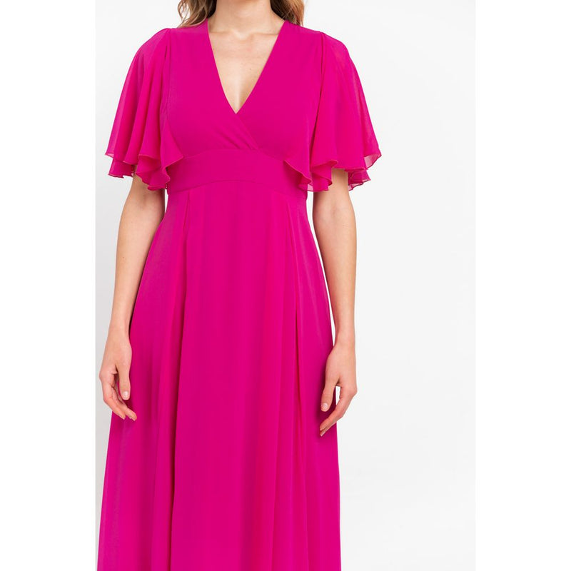 Bright pink polyester women midi dress with v-neck and flutter sleeves