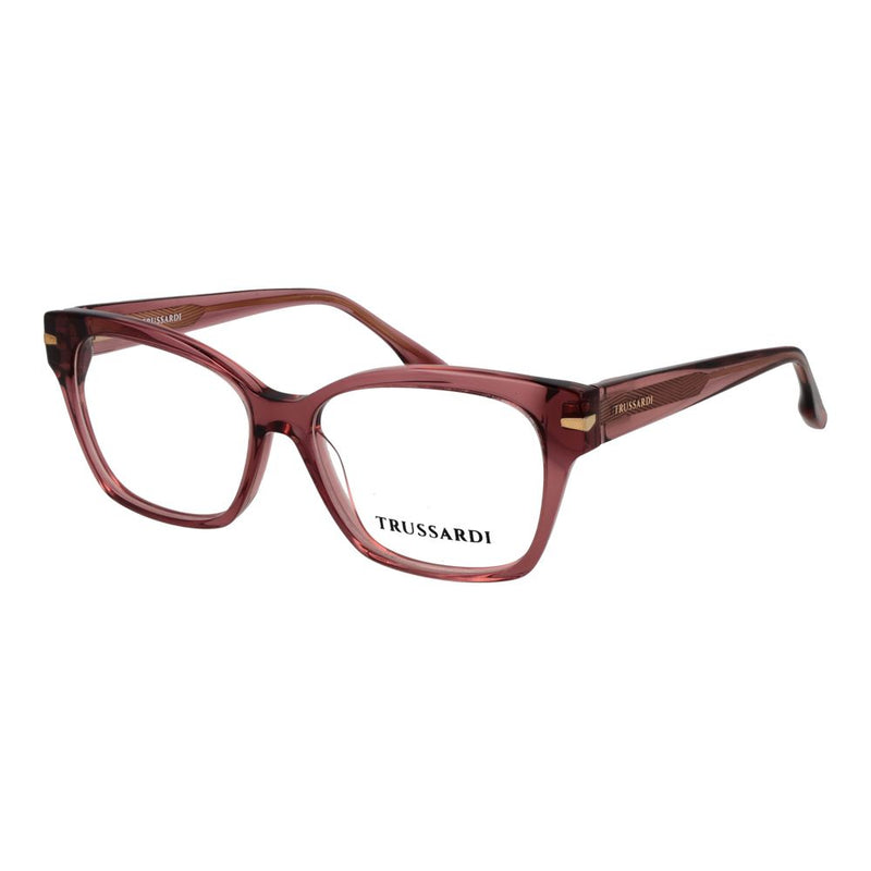 Translucent pink acetate eyeglass frames with a rectangular shape