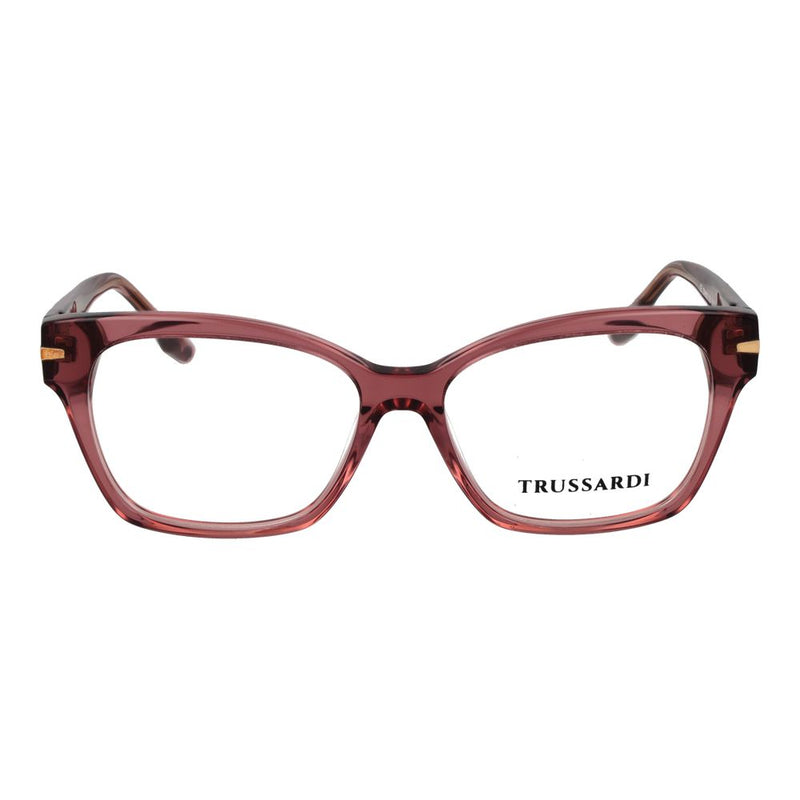 Translucent pink acetate eyeglass frames with a cat-eye style