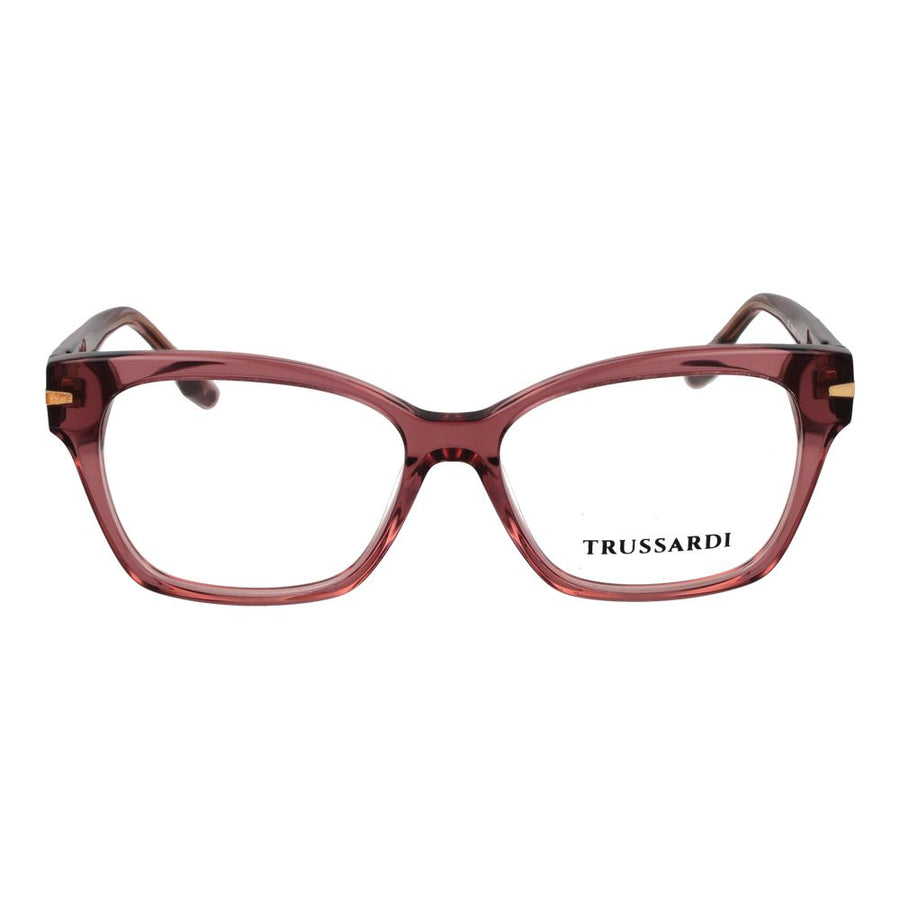 Translucent pink acetate eyeglass frames with a rectangular shape