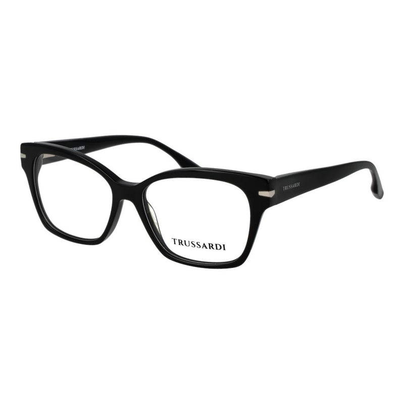 Glossy black acetate eyeglass frames with thick square rims and silver temple accents