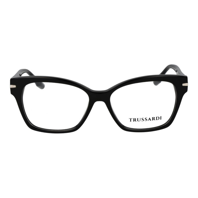Glossy black acetate cat-eye eyeglass frames with silver temple accents