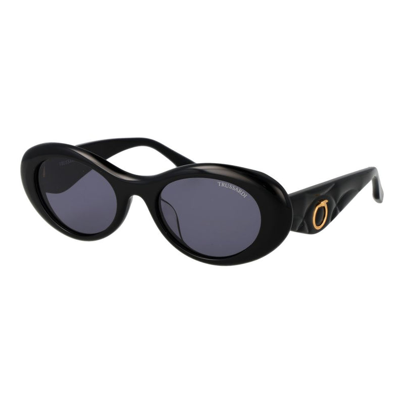Trussardi black acetate oval sunglasses with thick frames and grey tinted lenses