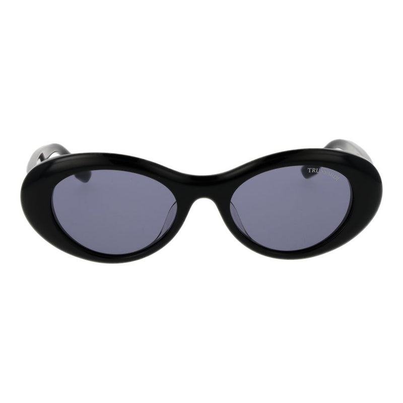 Black acetate sunglasses with thick rounded frames and tinted grey lenses