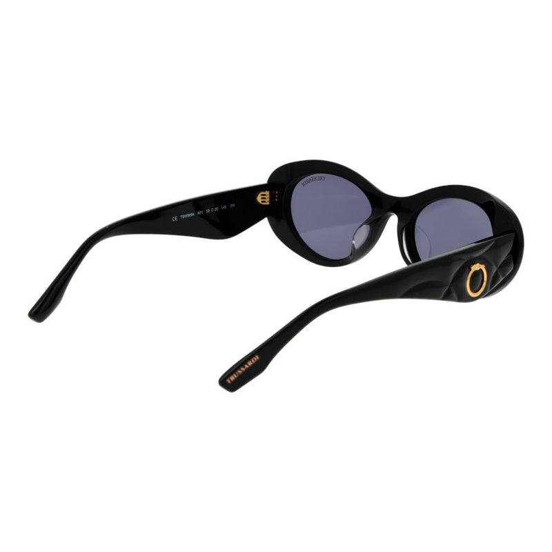 Black acetate oval sunglasses with thick frames and gold-tone hardware on the temples