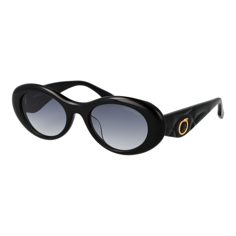 Black acetate oval sunglasses with gradient grey lenses and gold logo temples