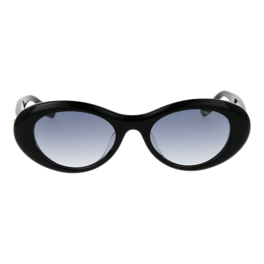 Black acetate oval sunglasses with gradient grey lenses and gold logo temples