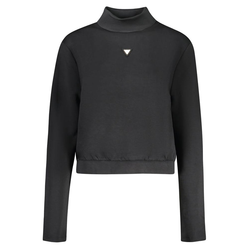 Black polyester women's mock-neck sweatshirt with a small triangle logo on the chest
