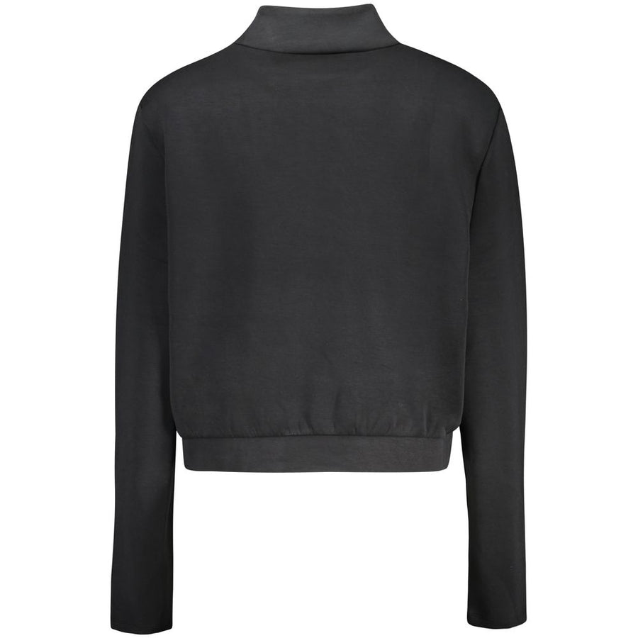 Black polyester women's mock-neck sweatshirt with a small triangle logo on the chest