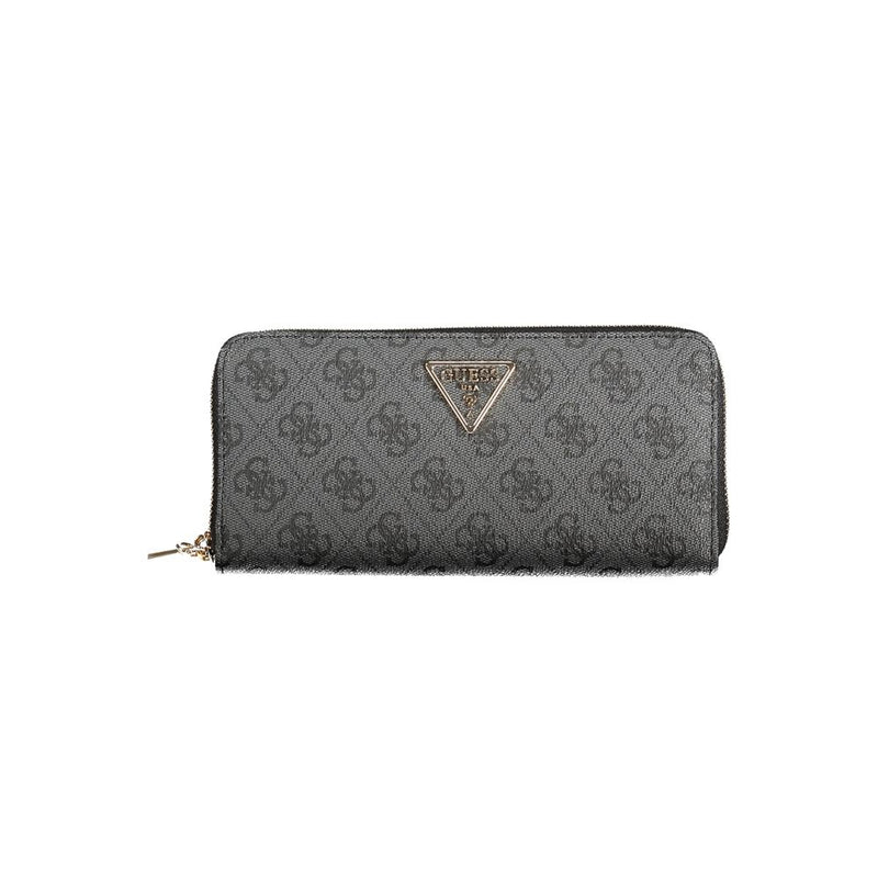 Black polyurethane zip-around wallet with Guess monogram print and gold triangle logo