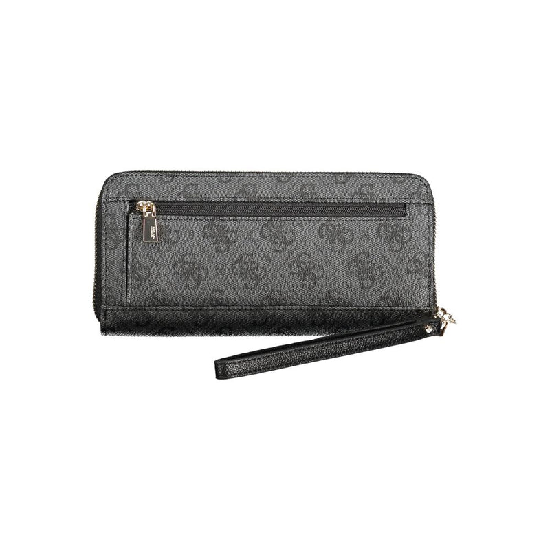 Black polyurethane monogram-patterned zip-around wallet with wrist strap