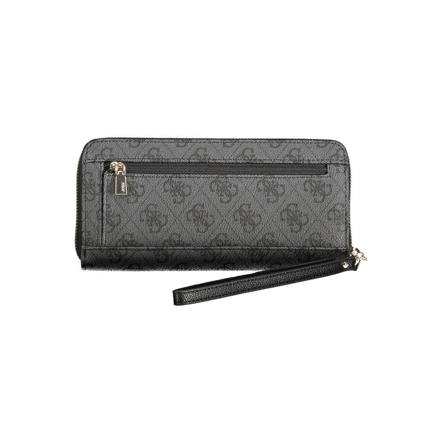 Black polyurethane zip-around wallet with Guess monogram print and gold triangle logo