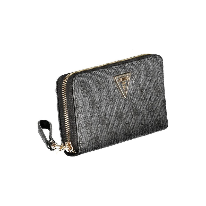 Black polyurethane Guess zip-around wallet with a monogram print and gold hardware