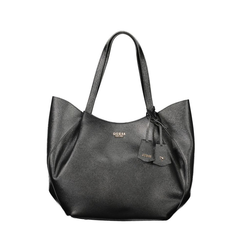 Black polyurethane tote handbag with dual shoulder straps and hanging logo charms