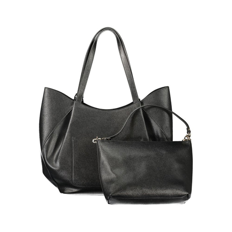 Black polyurethane tote handbag with matching small pouch featuring dual top handles