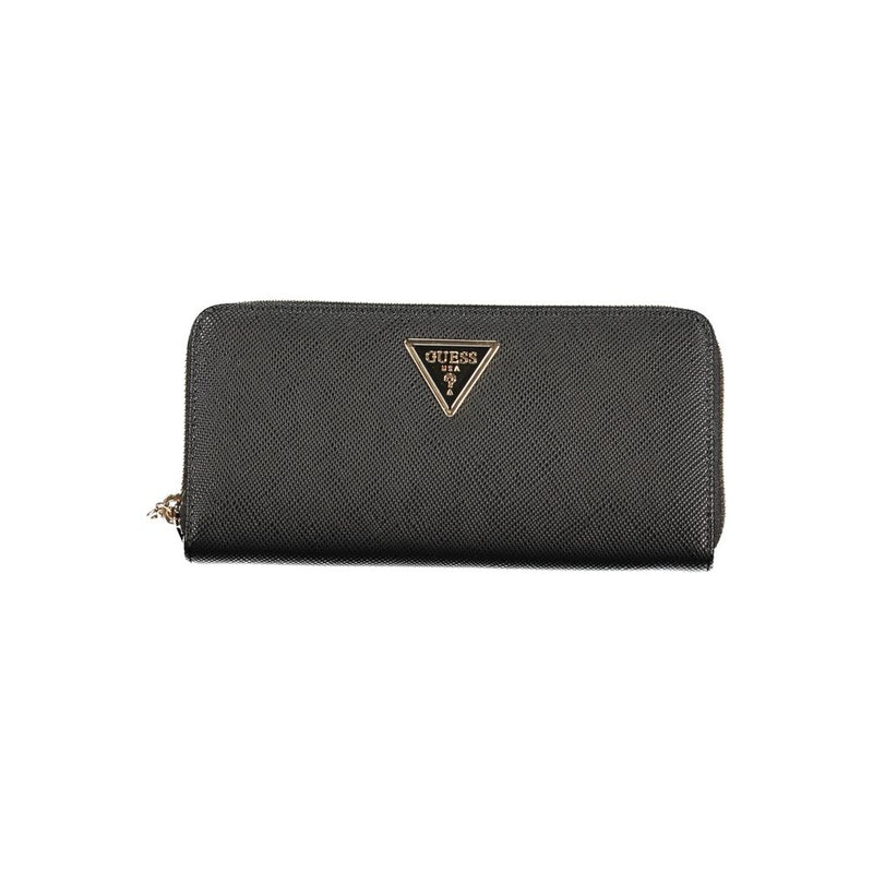 Black textured polyurethane zip-around wallet with gold triangle Guess logo