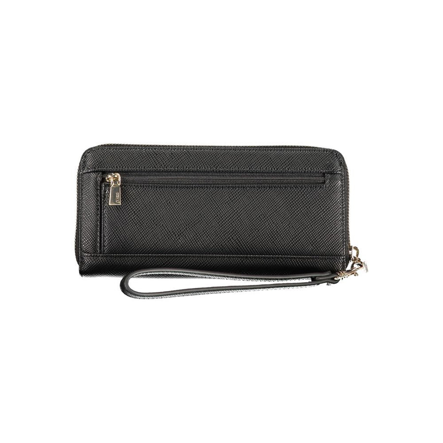 Black textured polyurethane zip-around wallet with gold triangle Guess logo