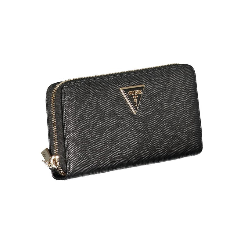 Black textured polyurethane zip-around wallet with a gold triangular Guess logo on the front