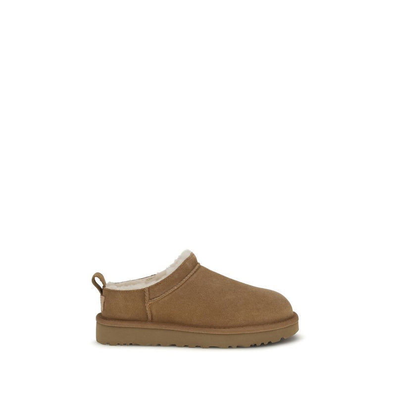 Brown suede leather slip-on mule with plush fleece lining and thick sole