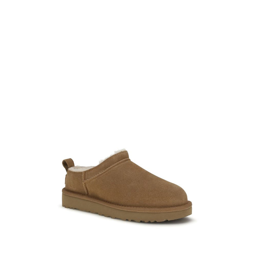 Brown suede leather slip-on mule with plush fleece lining and thick sole