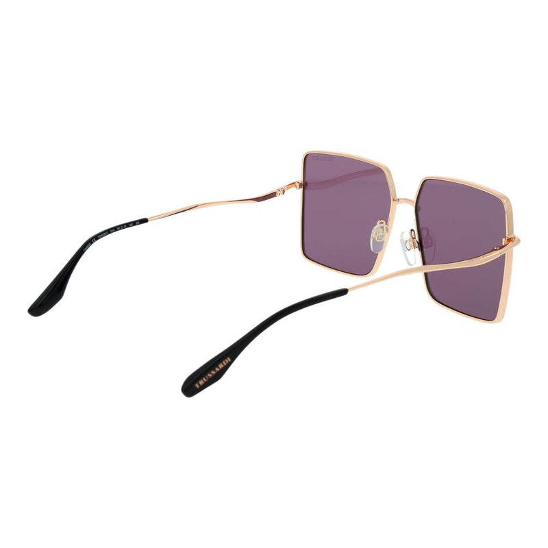Gold stainless steel square sunglasses with purple tinted lenses