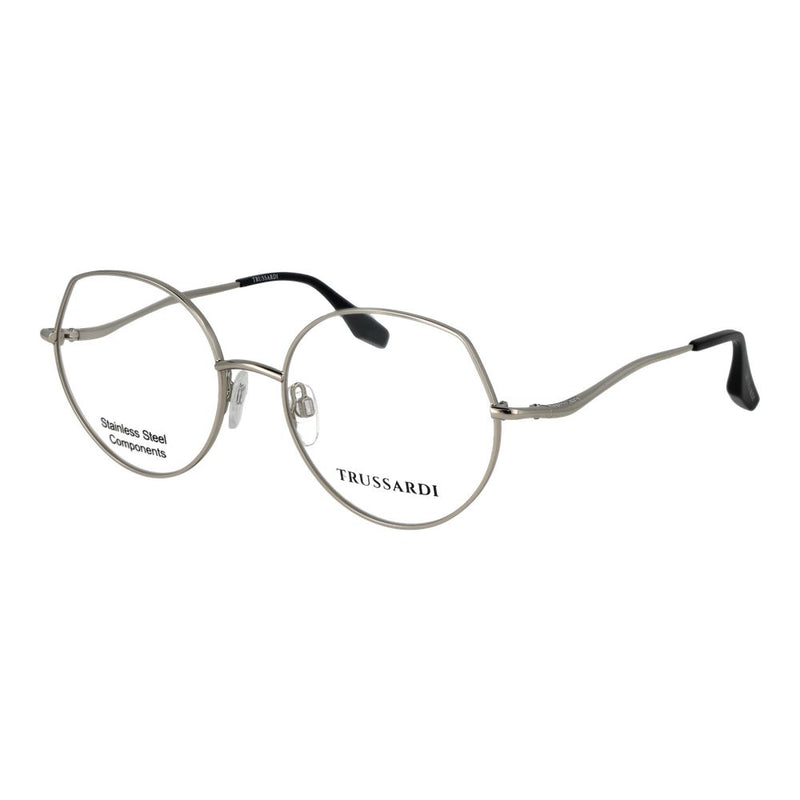 Silver stainless steel eyeglass frames with hexagonal rims and black temple tips