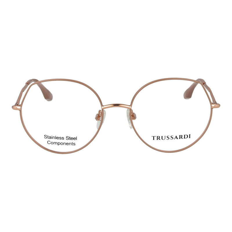 Pink stainless steel round eyeglass frames with Trussardi branding