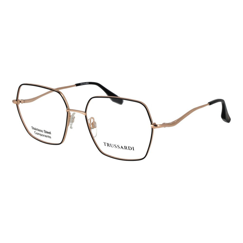 Black and rose gold stainless steel geometric eyeglass frames with the Trussardi logo