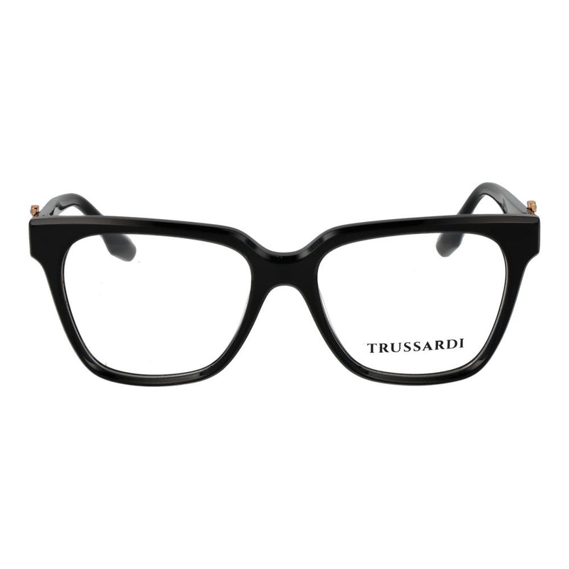 Glossy black acetate eyeglass frames with thick square rims and branded lenses