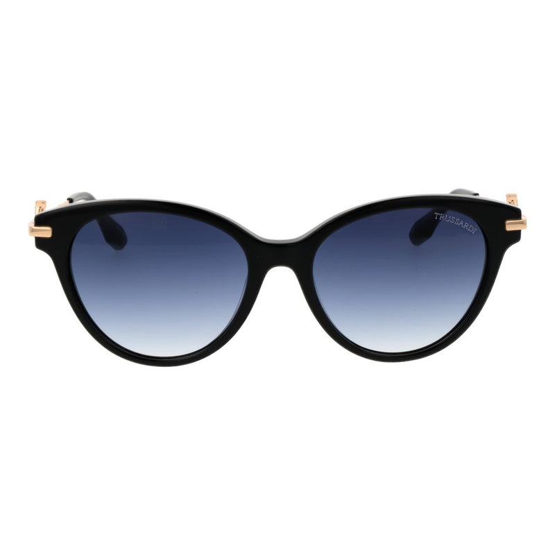 Black acetate cat-eye sunglasses with blue gradient lenses and gold-tone accents